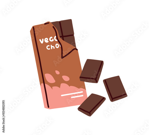 Vegan chocolate bar from soy and cocoa beans. Plant-based sweet cacao dessert. Healthy protein choco snack, confection. Unsweetened confectionery. Flat vector illustration isolated on white background
