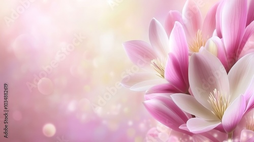 A serene arrangement of pink and white lotus flowers against a soft, dreamy background.