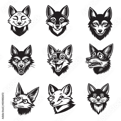 Collection of Jackal Face Outline Design - jackal Vector illustration in black and white
