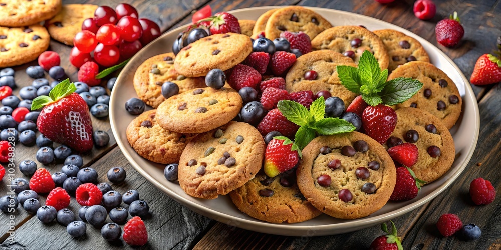A Rustic Plate of Delectable Cookies, Fresh Berries, and Mint Leaves, A Symphony of Flavors and Textures A Rustic Plate of Delectable Cookies, Fresh Berries, and Mint Leaves, A Symphony of Flavors and Textures