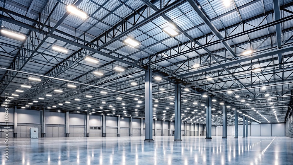 An expansive, industrial space bathed in the soft glow of numerous ceiling lights, creating a sense of vastness and potential. An expansive, industrial space bathed in the soft glow of numerous ceiling lights, creating a sense of vastness and potential.