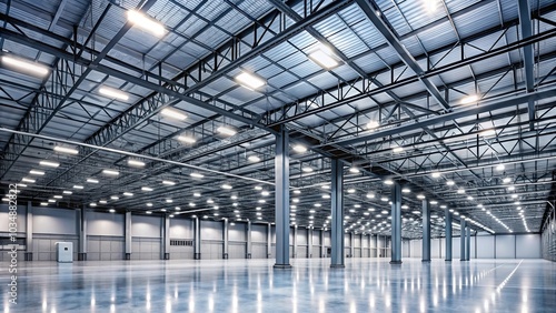 An expansive, industrial space bathed in the soft glow of numerous ceiling lights, creating a sense of vastness and potential.