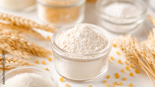 A collection of organic ingredients including wheat flour in a glass jar, surrounded by golden wheat stalks and other ingredients, showcasing natural textures and colors