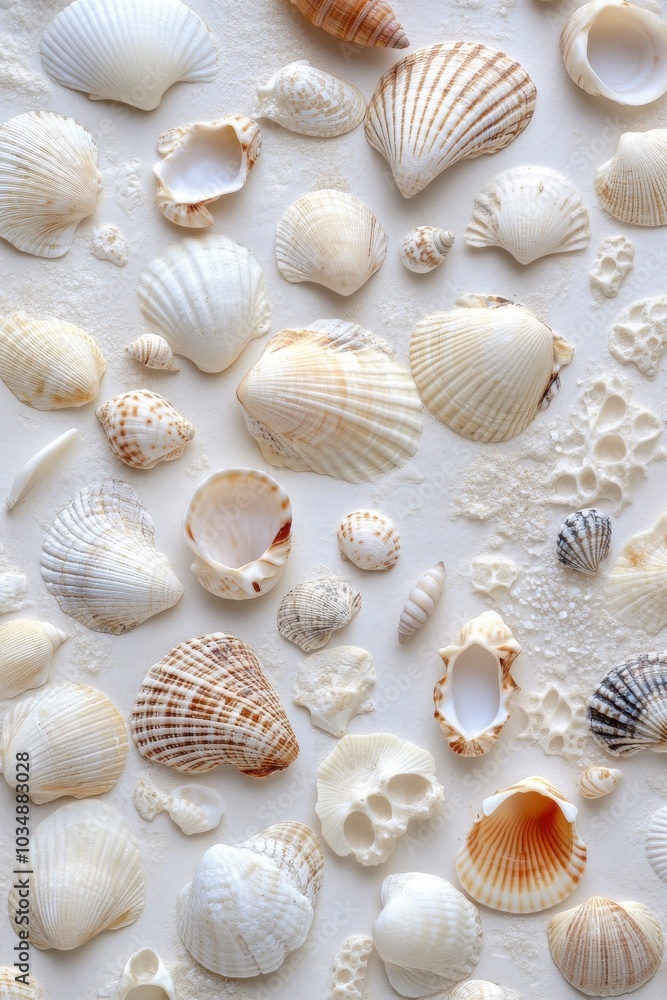 A variety of beautiful seashells arranged on a light background, showcasing their unique shapes and textures. A variety of beautiful seashells arranged on a light background, showcasing their unique shapes and textures.