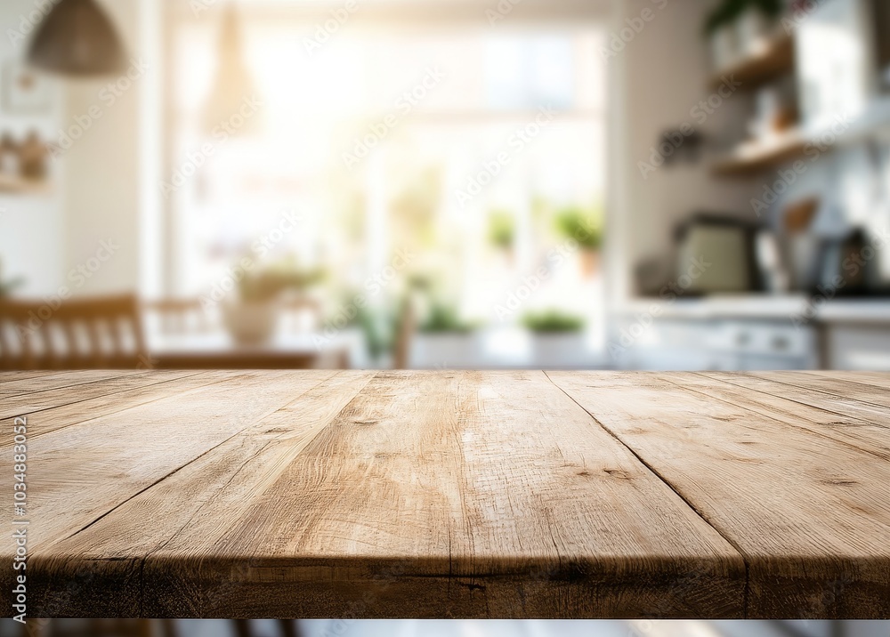 A close up view of a wooden table top with a blurred image of a kitchen in the background. A close up view of a wooden table top with a blurred image of a kitchen in the background.