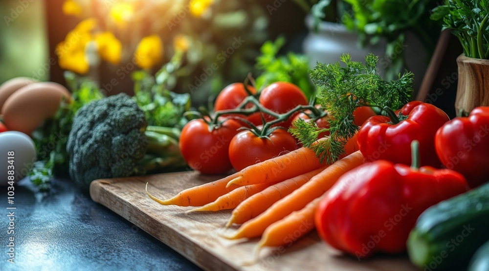 Fresh vegetables, including carrots, tomatoes, peppers, broccoli, and eggs, on a wooden cutting board. Fresh vegetables, including carrots, tomatoes, peppers, broccoli, and eggs, on a wooden cutting board.