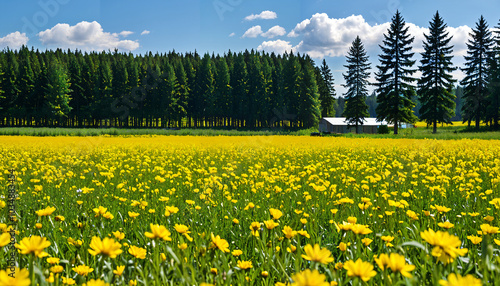 Champ de fleurs jaunes sous un ciel bleu