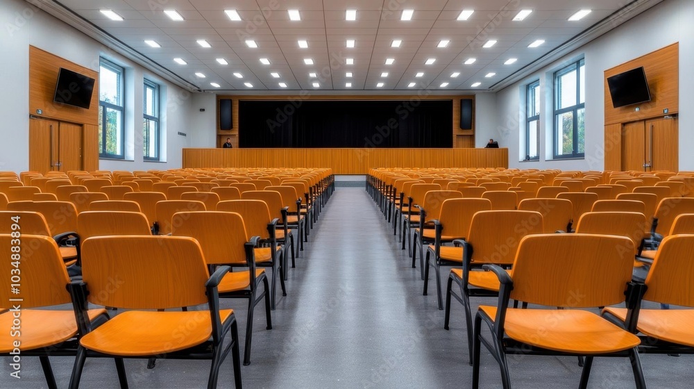 Fototapeta premium A photostock images of a classic lecture hall with wooden seats, isolated on white background, High Quality