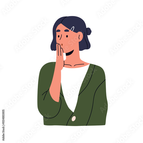 Surprised shocked woman with hand at mouth. Amazed astonished face expression, reaction to unexpected. Amazement and astonishment emotion. Flat vector illustration isolated on white background