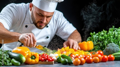 A photostock images of a chef cutting vegetables, isolated on white background, High Quality photo