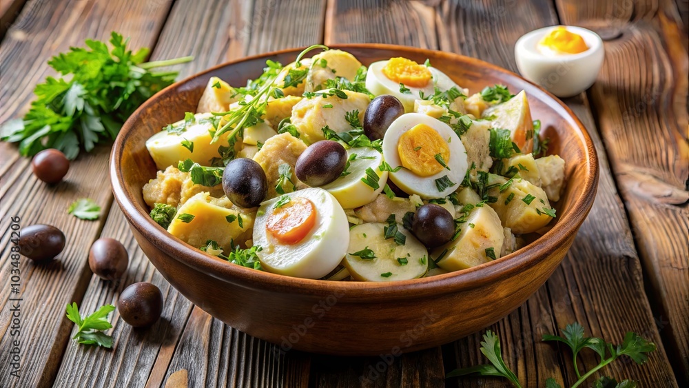 A wooden bowl brimming with a hearty salad, featuring chunks of potatoes, hard-boiled eggs, and plump olives, all adorned with fresh sprigs of parsley. A wooden bowl brimming with a hearty salad, featuring chunks of potatoes, hard-boiled eggs, and plump olives, all adorned with fresh sprigs of parsley.