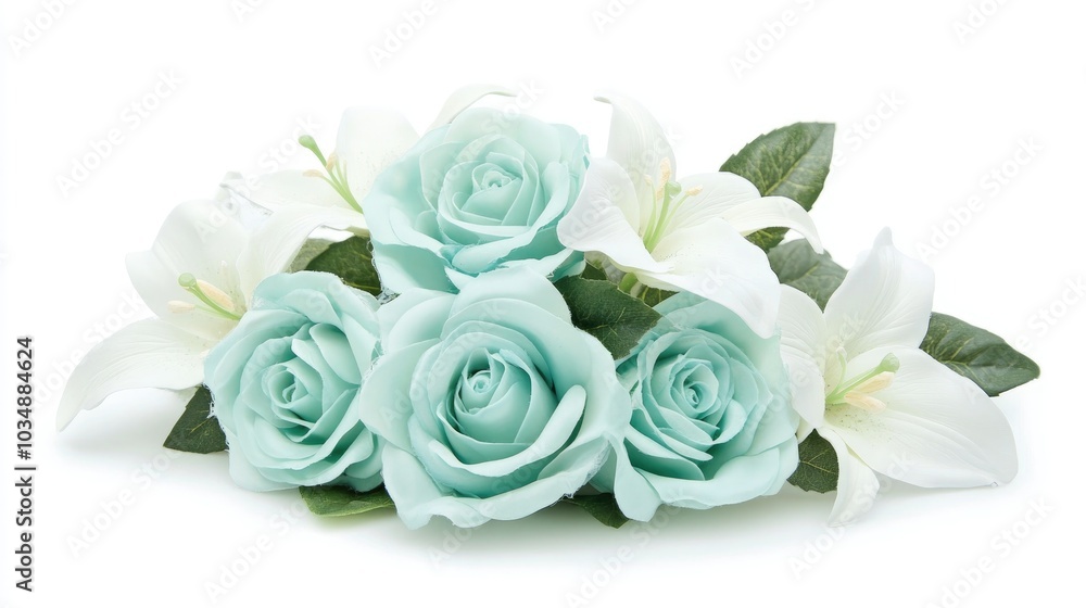 A beautiful bouquet of light blue roses mixed with white lilies, resting on a white backdrop, perfect for greeting cards or special occasion designs. A beautiful bouquet of light blue roses mixed with white lilies, resting on a white backdrop, perfect for greeting cards or special occasion designs.
