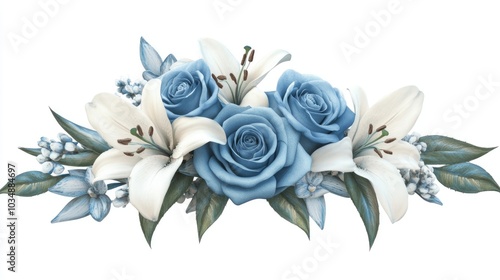 Fototapeta Naklejka Na Ścianę i Meble -  A beautifully designed bouquet of light blue roses and white lilies on a pristine white background, perfect for creating sophisticated wedding invitations.