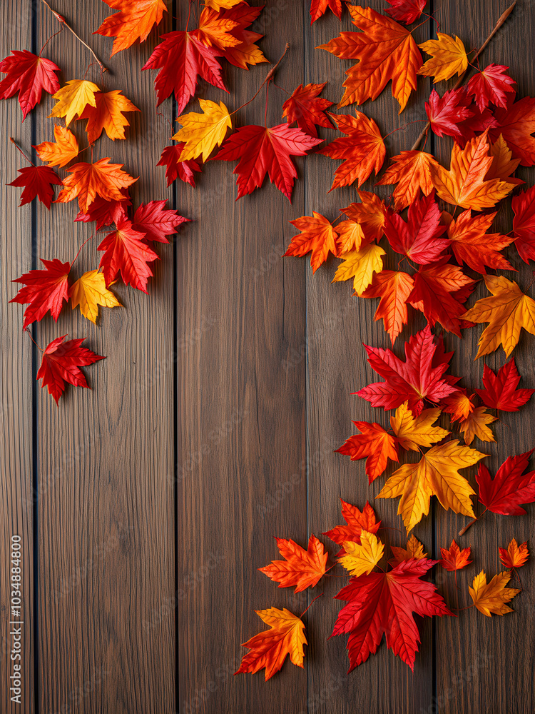 Obraz premium Autumn leaves isolated wooden background. Seasonal colorful fall collection artistic nature wallpaper. Copy space for text creating art vibrant seasonal pattern. Top view, flat lay AI generated