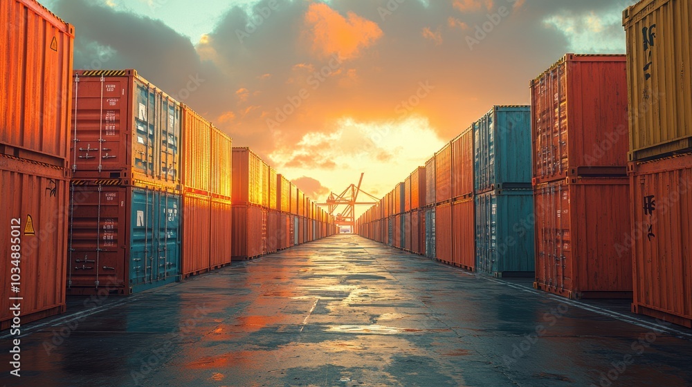 Fototapeta premium Vibrant Shipping Containers at Sunset in Industrial Port with Dramatic Sky and Reflections on Wet Ground