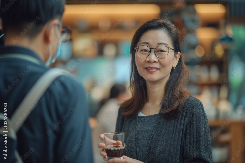 Diverse employees engage in lively conversation during a coffee break in a spacious office cafe setting Diverse employees engage in lively conversation during a coffee break in a spacious office cafe setting