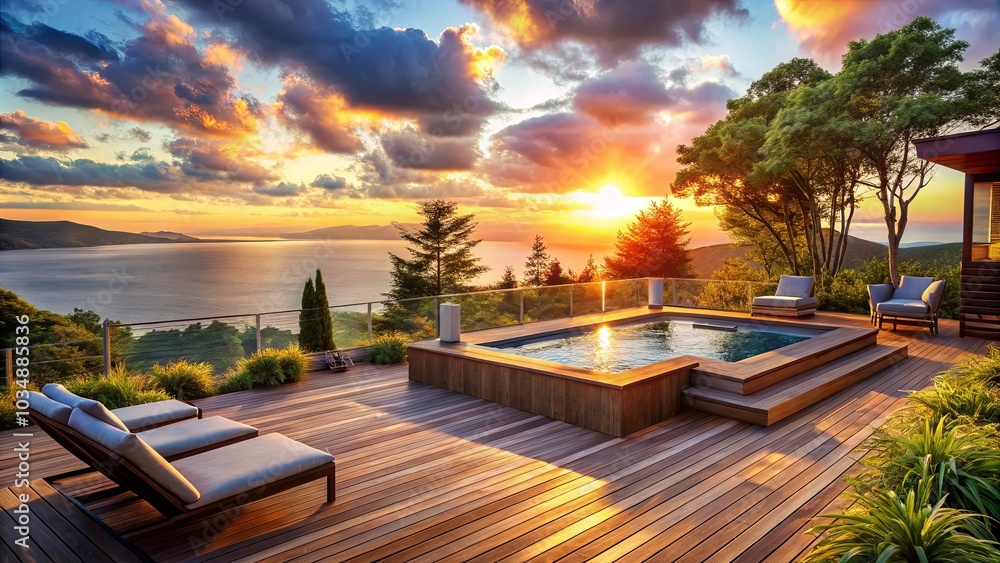 Fototapeta premium Golden Hour Tranquility on a Deck Overlooking a Waterway with a Plunge Pool and Lush Greenery