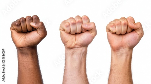 A photostock images of a group of fists raised in the air, isolated on white background, High Quality