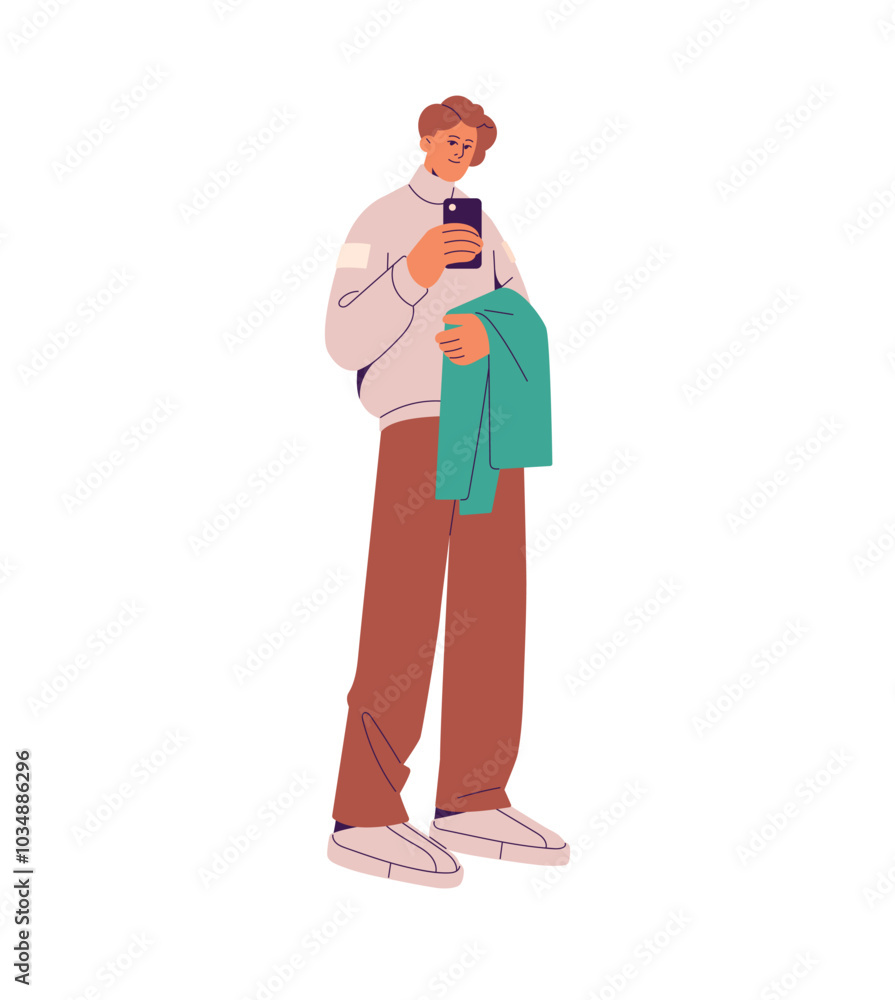 Young man in stylish autumn outfit posing with phone in hand. Person in warm clothes stands, holds jacket, takes photo with smartphone camera. Flat isolated vector illustration on white background Young man in stylish autumn outfit posing with phone in hand. Person in warm clothes stands, holds jacket, takes photo with smartphone camera. Flat isolated vector illustration on white background