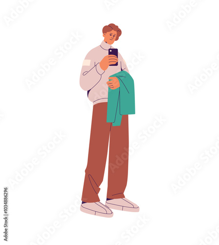 Young man in stylish autumn outfit posing with phone in hand. Person in warm clothes stands, holds jacket, takes photo with smartphone camera. Flat isolated vector illustration on white background