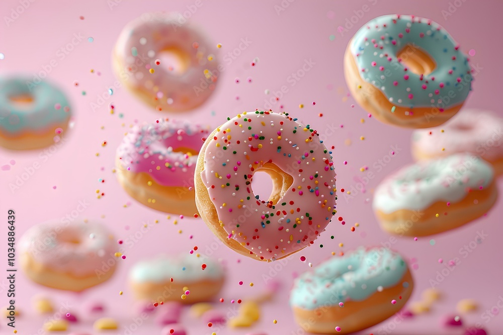 A number of doughnuts with sprinkles in the air A number of doughnuts with sprinkles in the air