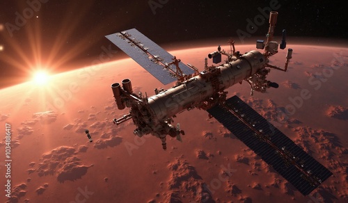 Space station in planet Mars orbit. Space exploration. AI generated. photo