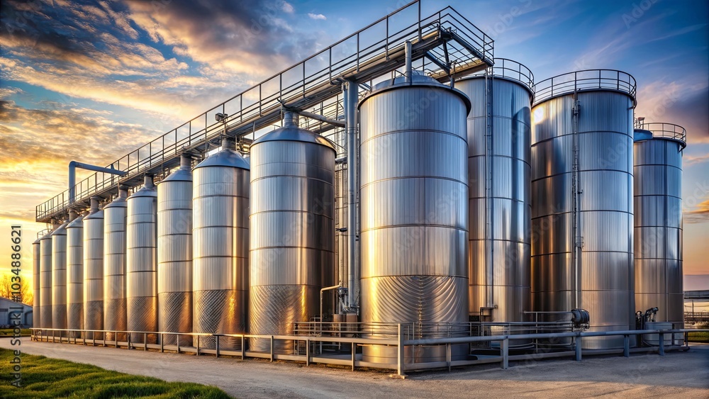 Industrial Silos Bathed in Golden Light, Their Reflective Surfaces Catching the Hues of a Dramatic Sunset Industrial Silos Bathed in Golden Light, Their Reflective Surfaces Catching the Hues of a Dramatic Sunset