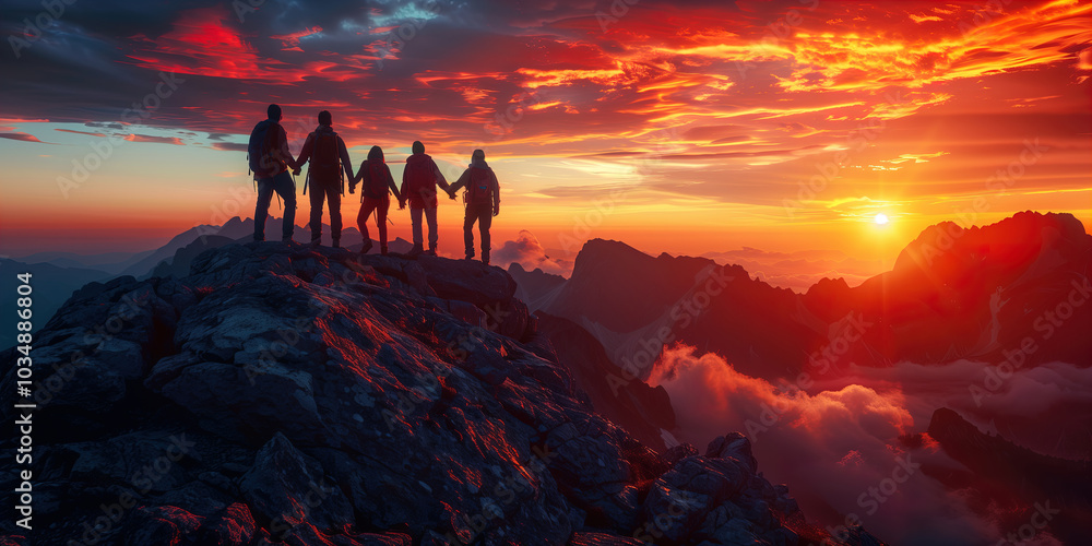 Fototapeta premium Group of people on top of a mountain during sunset