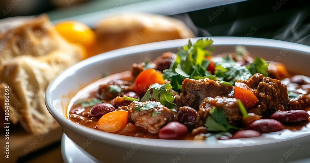 Steaming Bowl of Chili with Fresh Cilantro Steaming Bowl of Chili with Fresh Cilantro