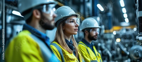 Industrial Workers in Safety Gear Observing Machinery in a Modern Factory Setting with Focus on Female Engineer in Foreground