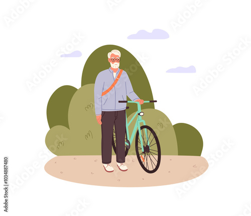 Senior bicyclist stands with bike outdoor. Old man biker goes cycling. Elderly cyclist with bicycle in park. Active lifestyle of grandfather. Flat isolated vector illustration on white background