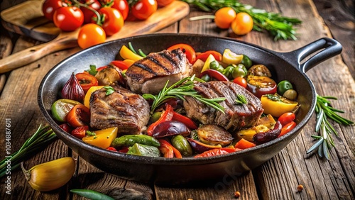 Grilled meat and roasted vegetables in a cast iron pan on a rustic wooden surface