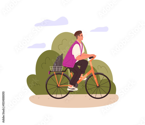 Bicyclist rides a bike in park. Person cycling, carries backpack in basket. Cyclist delivers by bicycle. Young man drives on road side view. Flat isolated vector illustration on white background