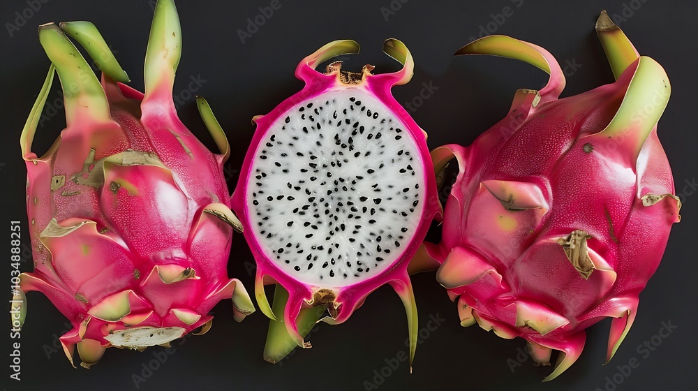 A dragon fruit was cut open displaying its vibrant insides A dragon fruit was cut open displaying its vibrant insides