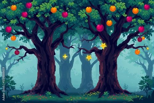 Mystic Pixel Grove Trees with magical elements like glowing frui photo