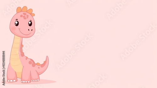 Fototapeta Naklejka Na Ścianę i Meble -  A cute pink dinosaur character with a friendly smile against a soft pink background.