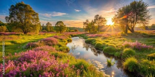 A serene meadow with a winding river and blooming wildflowers, bathed in the warm glow of the setting sun, creating a peaceful and harmonious atmosphere.