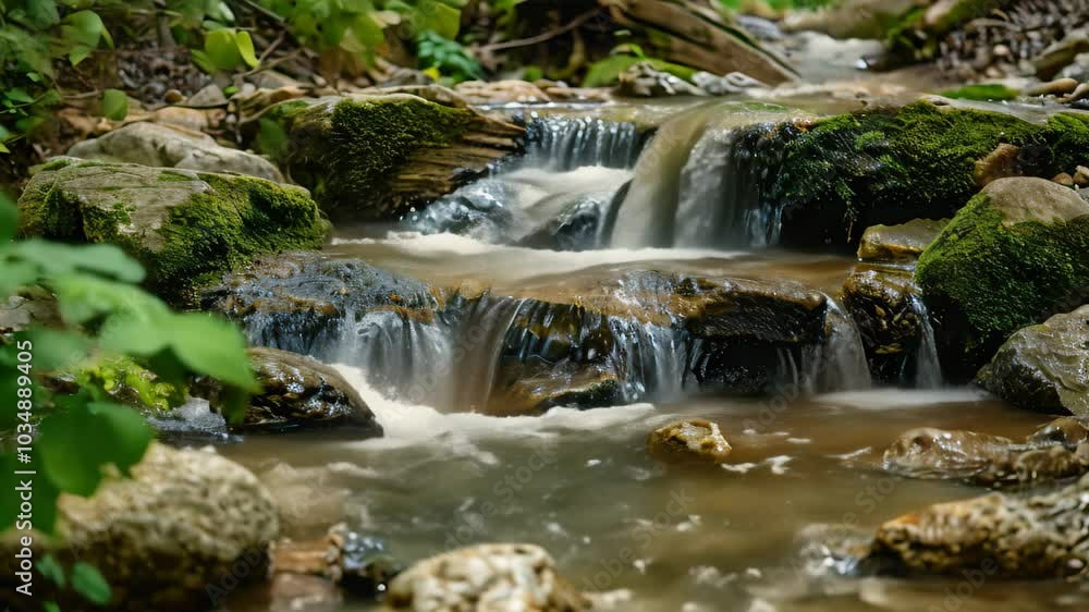 A stream of water cascades through a dense forest, surrounded by vibrant green foliage and tall trees, A serenely flowing crystal clear brook A stream of water cascades through a dense forest, surrounded by vibrant green foliage and tall trees, A serenely flowing crystal clear brook