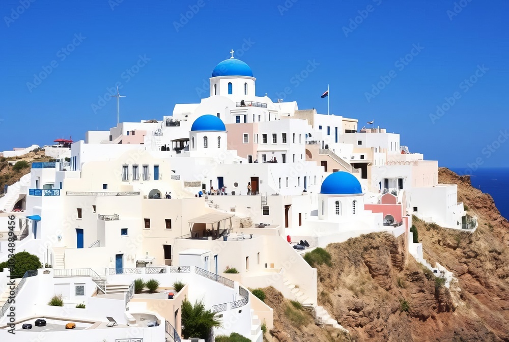 Santorini White washed buildings with blue domes perched on clif