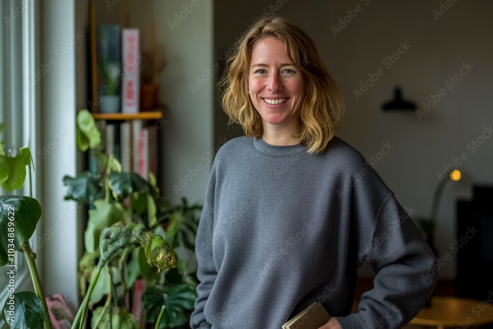 A woman in her thirties, with shoulder-length blonde hair and blue eyes wearing an oversized grey sweatshirt. A woman in her thirties, with shoulder-length blonde hair and blue eyes wearing an oversized grey sweatshirt.