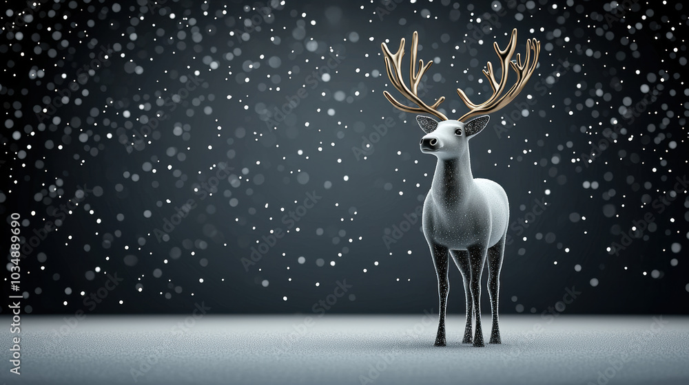 A reindeer made of crystal ice, A majestic deer stands in a serene snowy landscape, embodying tranquility and beauty amidst falling snowflakes. A reindeer made of crystal ice, A majestic deer stands in a serene snowy landscape, embodying tranquility and beauty amidst falling snowflakes.