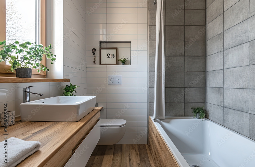 A modern bathroom with white walls, grey tiles on the floor and ceiling, wooden floors, one toilet bowl near wall, sink in front of mirror above wood counter top, bathtub beside curtain at right side A modern bathroom with white walls, grey tiles on the floor and ceiling, wooden floors, one toilet bowl near wall, sink in front of mirror above wood counter top, bathtub beside curtain at right side