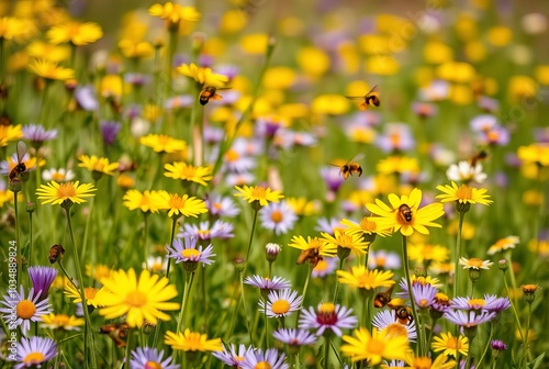 Spring Meadow A field of bright yellow and purple wildflowers wi