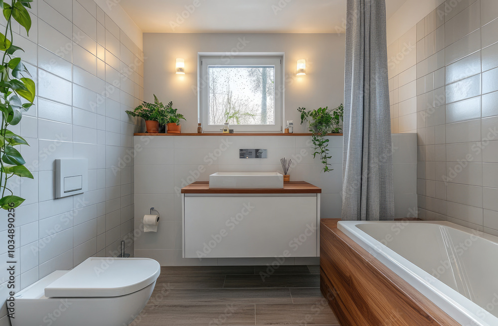 A modern bathroom with white walls, grey tiles on the floor and ceiling, wooden floors, one toilet bowl near wall, sink in front of mirror above wood counter top, bathtub beside curtain at right side A modern bathroom with white walls, grey tiles on the floor and ceiling, wooden floors, one toilet bowl near wall, sink in front of mirror above wood counter top, bathtub beside curtain at right side
