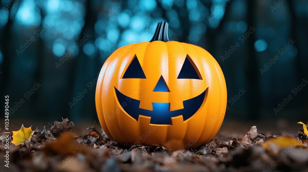Naklejka premium A photostock images of a spooky Halloween pumpkin in the forest, isolated on white background, High Quality