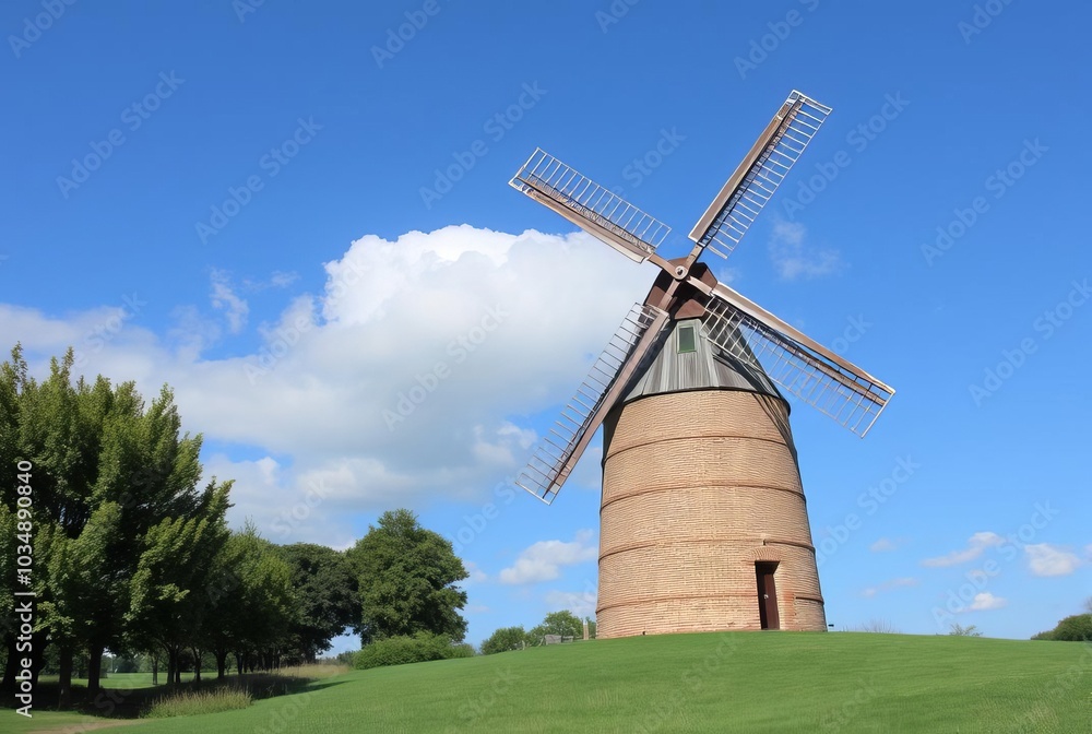 Windmill Building with large spinning blades Windmill Building with large spinning blades