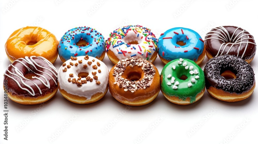 A photostock images of a variety of colorful donuts, isolated on white background, High Quality A photostock images of a variety of colorful donuts, isolated on white background, High Quality