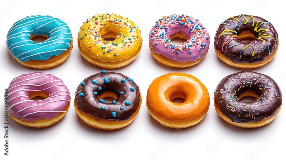 A photostock images of a variety of colorful donuts, isolated on white background, High Quality A photostock images of a variety of colorful donuts, isolated on white background, High Quality