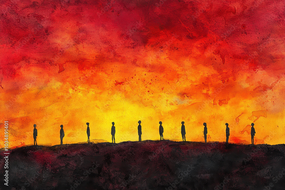 Silhouettes of figures stand on a horizon against a dramatic orange and red sunset, evoking feelings of contemplation and connection. Silhouettes of figures stand on a horizon against a dramatic orange and red sunset, evoking feelings of contemplation and connection.