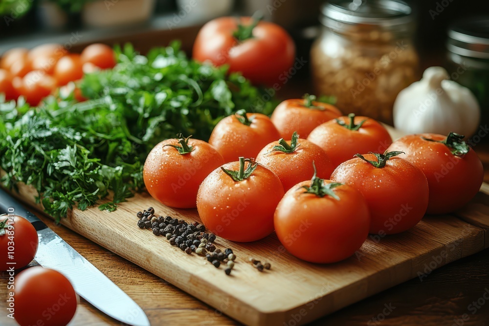Fresh tomatoes and herbs on wooden cutting board with knife and seasonings for cooking Fresh tomatoes and herbs on wooden cutting board with knife and seasonings for cooking